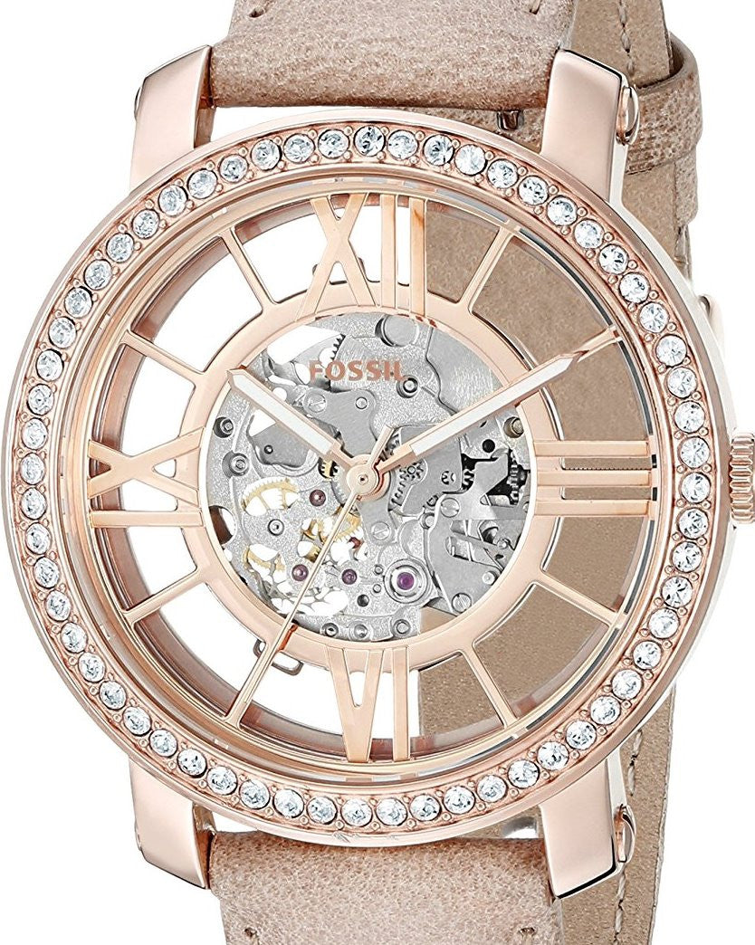 Authentic FOSSIL Curiosity Crystal Accented Skeleton Rose Gold Automatic Ladies Watch