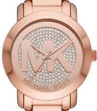 Load image into Gallery viewer, Authentic MICHAEL KORS Runway Logo Crystal Pave Rose Gold Ladies Watch Maverick Sales 1