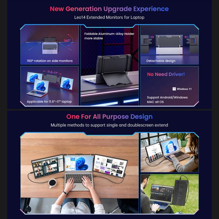 Leo 14 14 inch Expanded Display Dual Portable Monitor, Plug Type:UK Pl ...