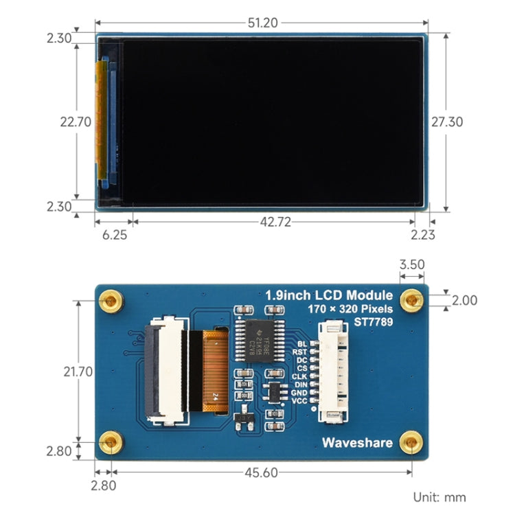 Waveshare 1.9inch LCD Display Module - 170x320 IPS Screen With ST7789V2 Driver
