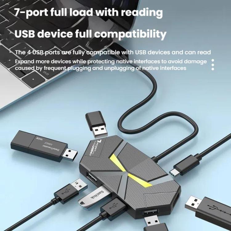 7 In 1 USB 2.0 Hub Splitter Colorful Ambient Light Type-C Docking Stat ...