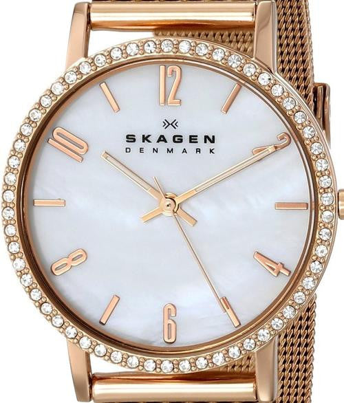 Authentic SKAGEN Denmark Ultra Slim Crystal Accented Mother Of Pearl Ladies Watch