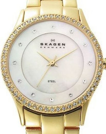 Authentic SKAGEN Denmark Ultra Slim Crystal Accented Mother Of Pearl Ladies Watch