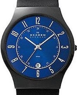 Authentic SKAGEN Denmark Ultra Slim Blue Dial Black Leather Mens Watch
