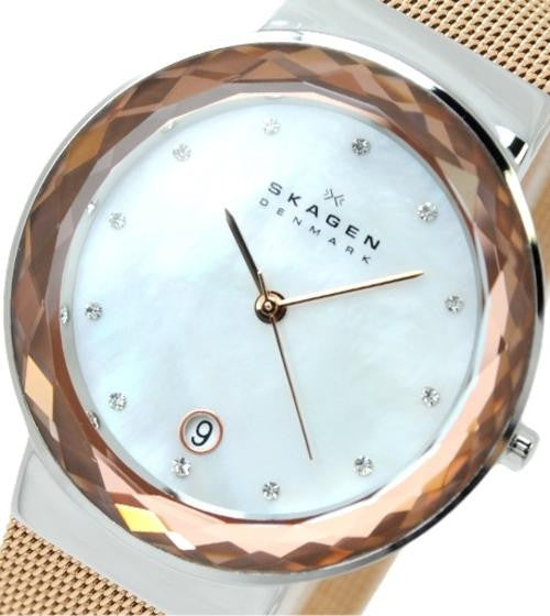 Authentic SKAGEN Denmark Rose Gold Mother Of Pearl Faceted Glass Ladies Watch
