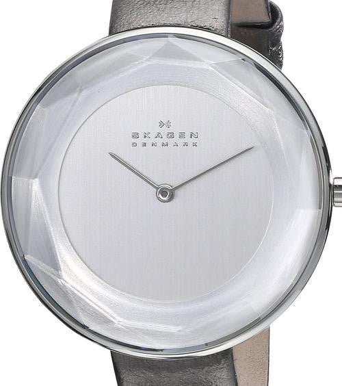 Authentic SKAGEN Denmark Grey Leather Faceted Glass Ladies Watch