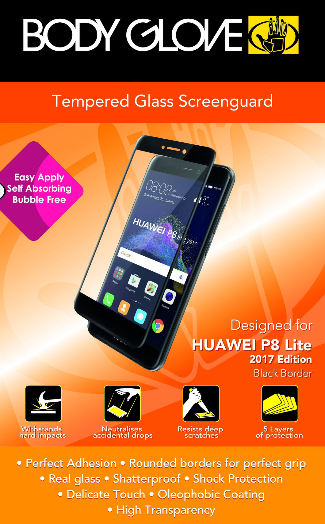 BODY GLOVE Tempered Glass Screen Guard - Huawei P8 Lite (2017 model)