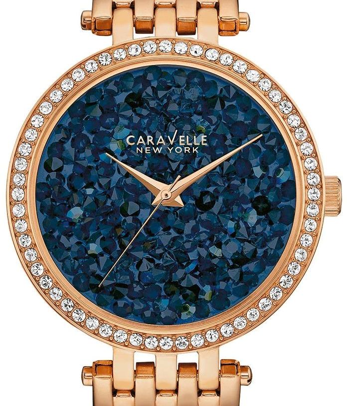 Authentic CARAVELLE by BULOVA Blue Rock Rose Gold Swarovski Crystal Accented Ladies Watch