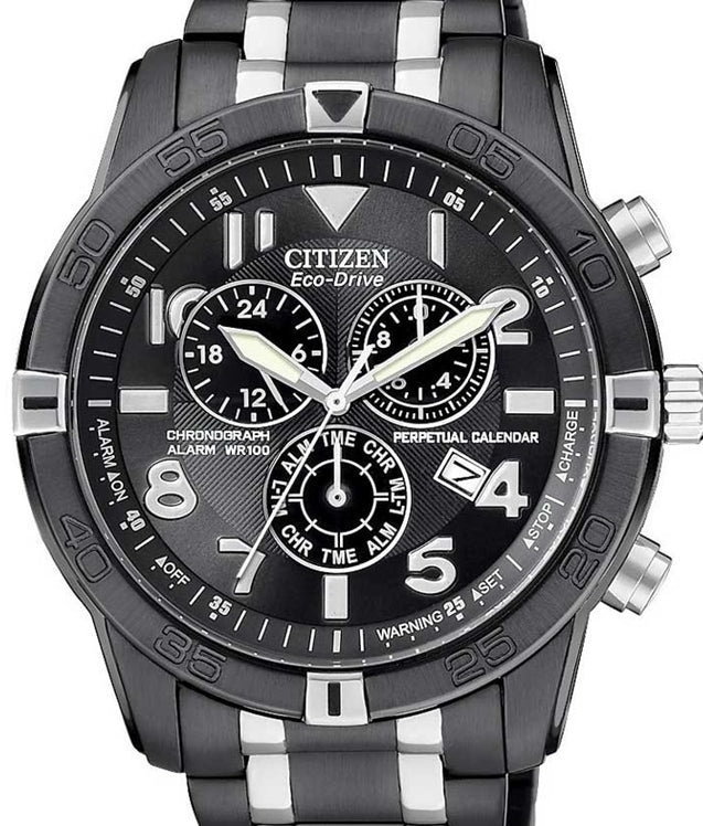 Authentic CITIZEN Eco-Drive Black Stainless Steel Perpetual Calendar Chronograph Mens Watch