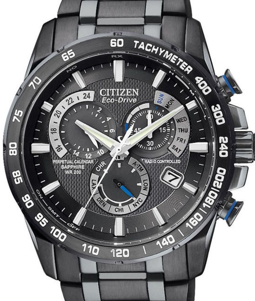 Authentic CITIZEN Eco Drive Black Stainless Steel Perpetual Calendar Atomic Timekeeping Mens Watch
