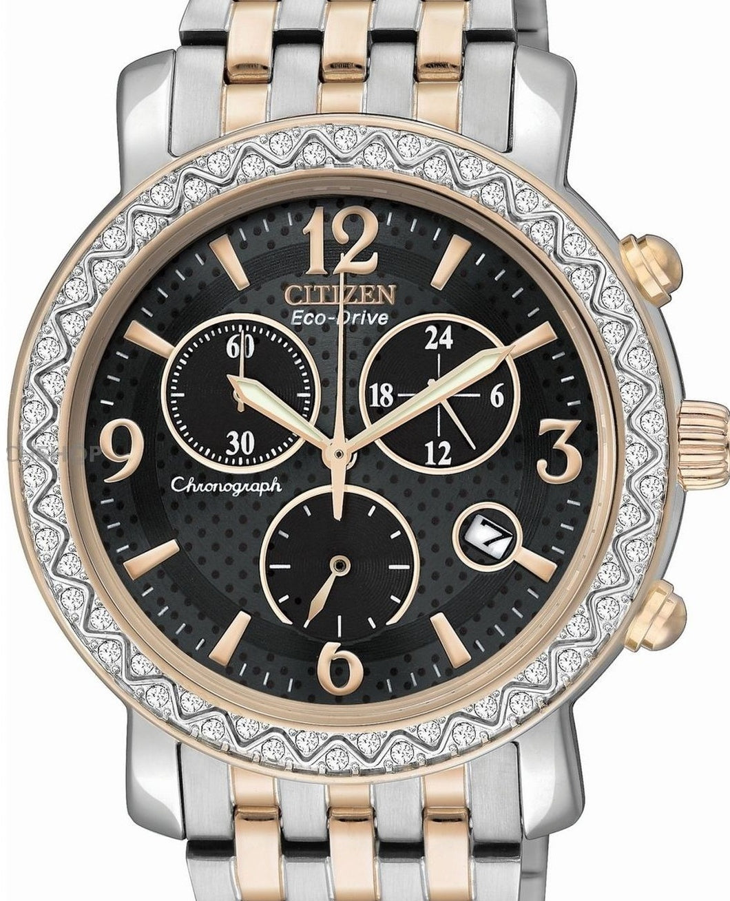 Authentic CITIZEN Eco-Drive Crystal Accented Two Tone Chronograph Ladies Watch