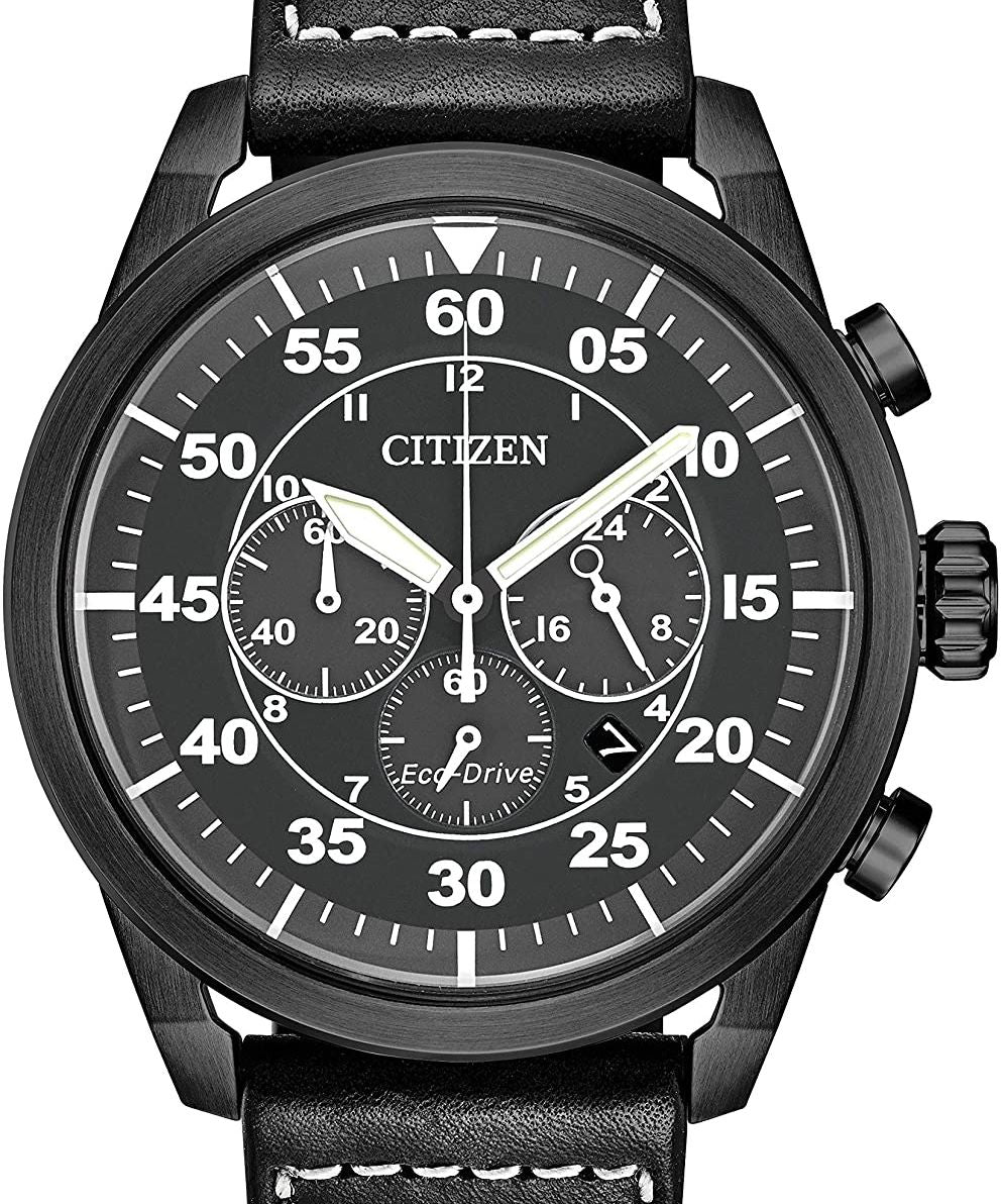 Authentic CITIZEN Eco-Drive Avion Black Leather Chronograph Mens Watch