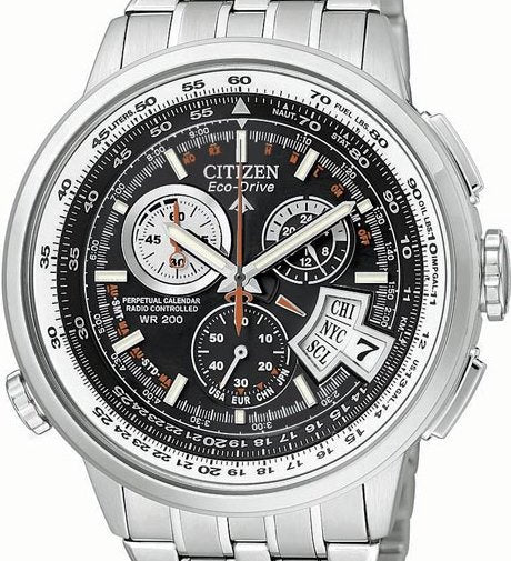 Authentic CITIZEN Eco Drive Stainless Steel Atomic Timekeeping Perpetual Calendar Chronograph Mens Watch