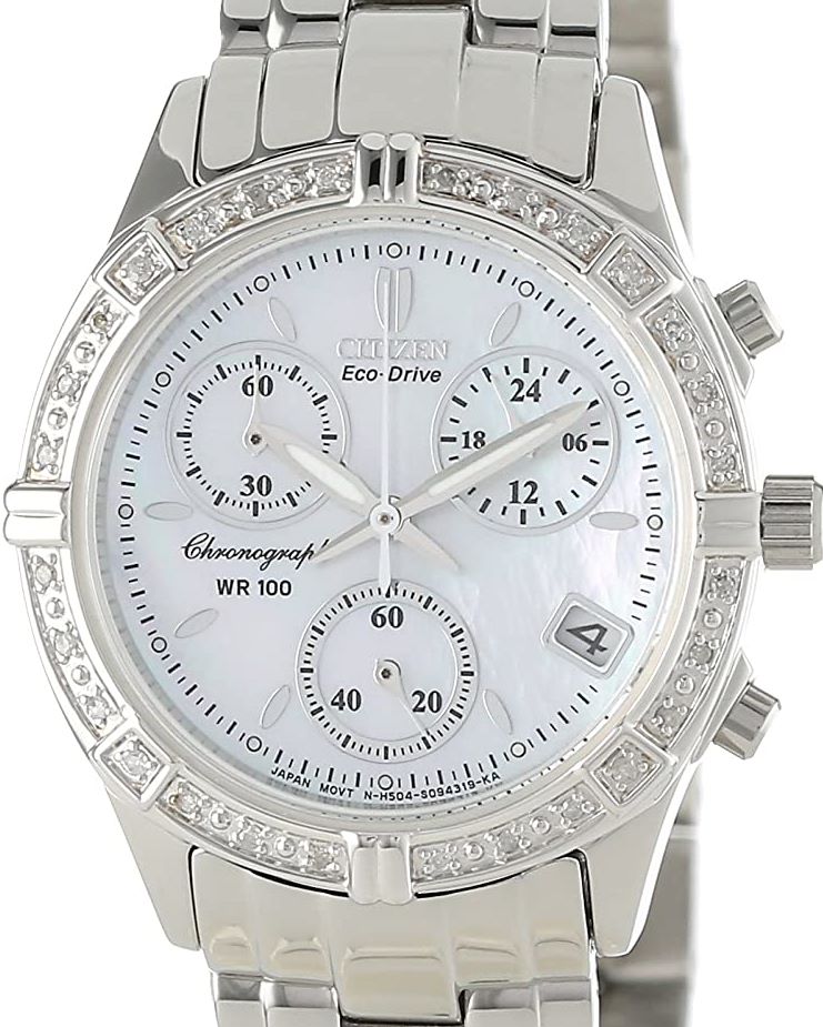 Authentic CITIZEN Eco-Drive Diamond Accented Mother Of Pearl Chronograph Ladies Watch