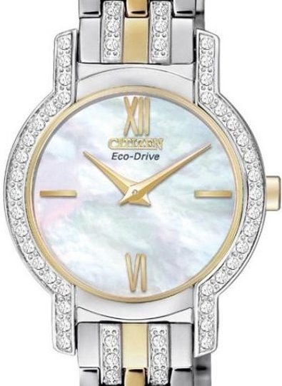 Authentic CITIZEN Eco-Drive Silhouette Crystal Accented Two Tone Mother Of Pearl Ladies Watch