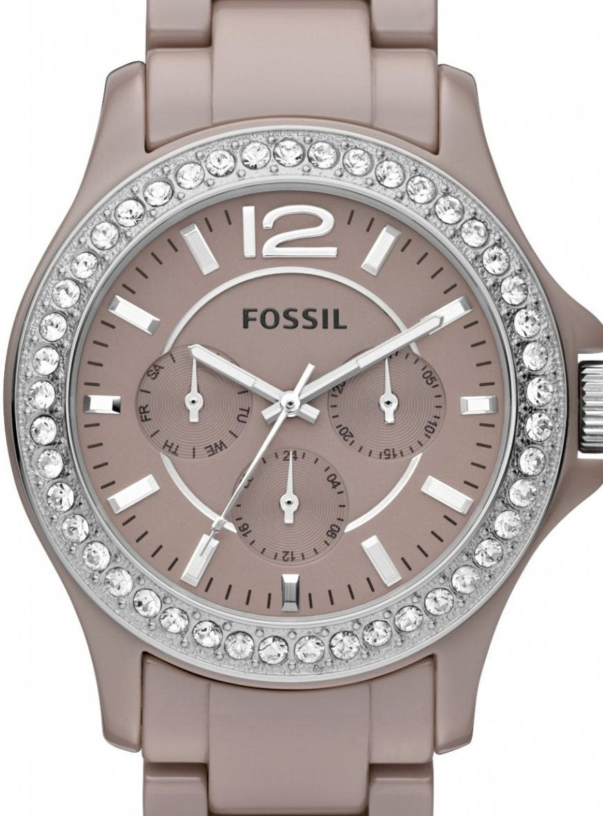 Authentic FOSSIL Riley Crystal Accented Antique Pearl Ceramic Multifunction Ladies Watch