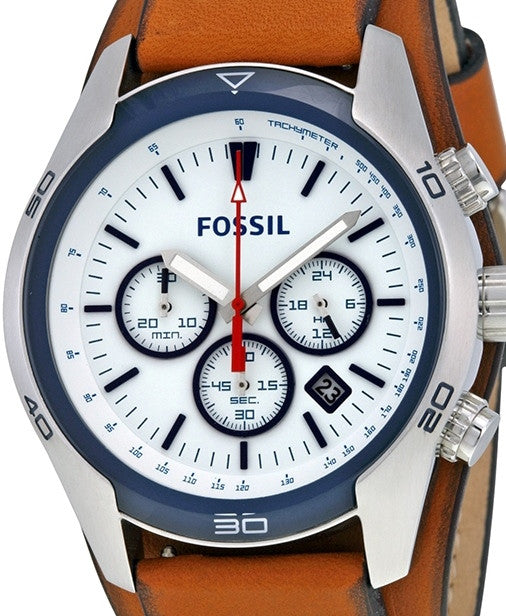 Authentic FOSSIL Coachman Tan Leather Chronograph Mens Cuff Watch