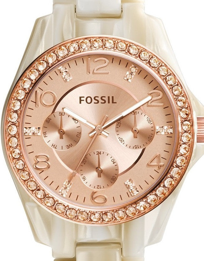Authentic FOSSIL Riley Crystal Accented Multifunction Ladies Watch