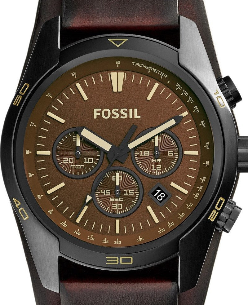 Authentic FOSSIL Coachman Brown Leather Chronograph Mens Cuff Watch