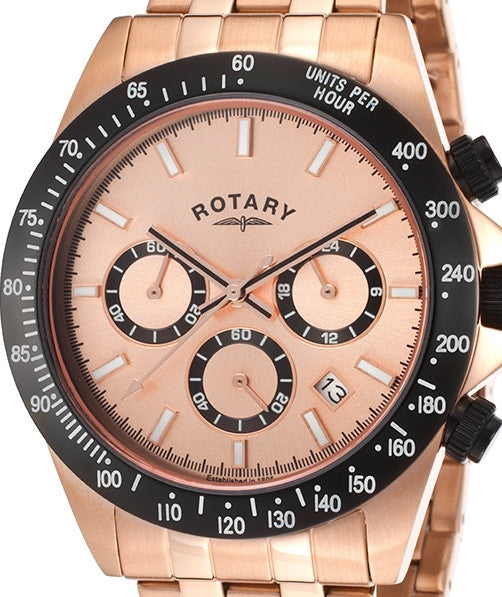Authentic ROTARY Rose Gold Stainless Steel Chronograph Mens Watch