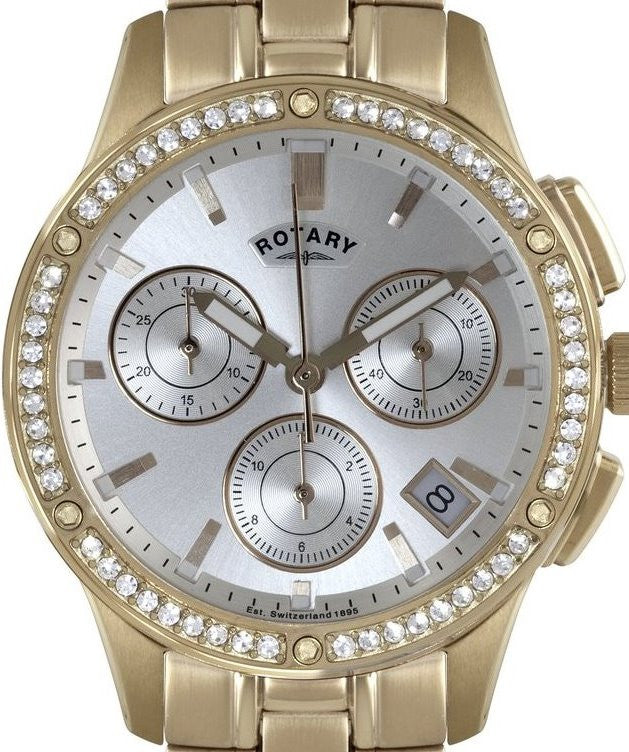 Authentic ROTARY Bridgewater Crystal Accented Rose Gold Chronograph Ladies Watch