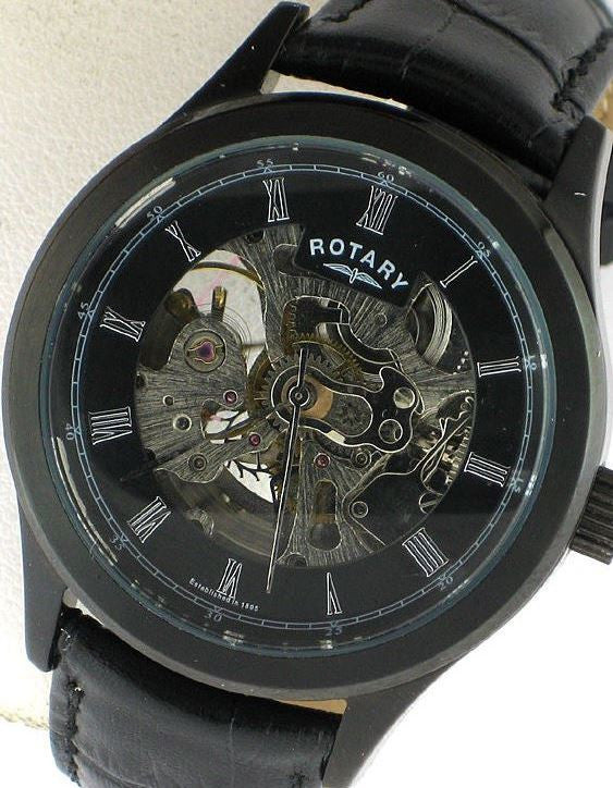 Authentic ROTARY Skeleton Automatic Black Leather Mens Watch