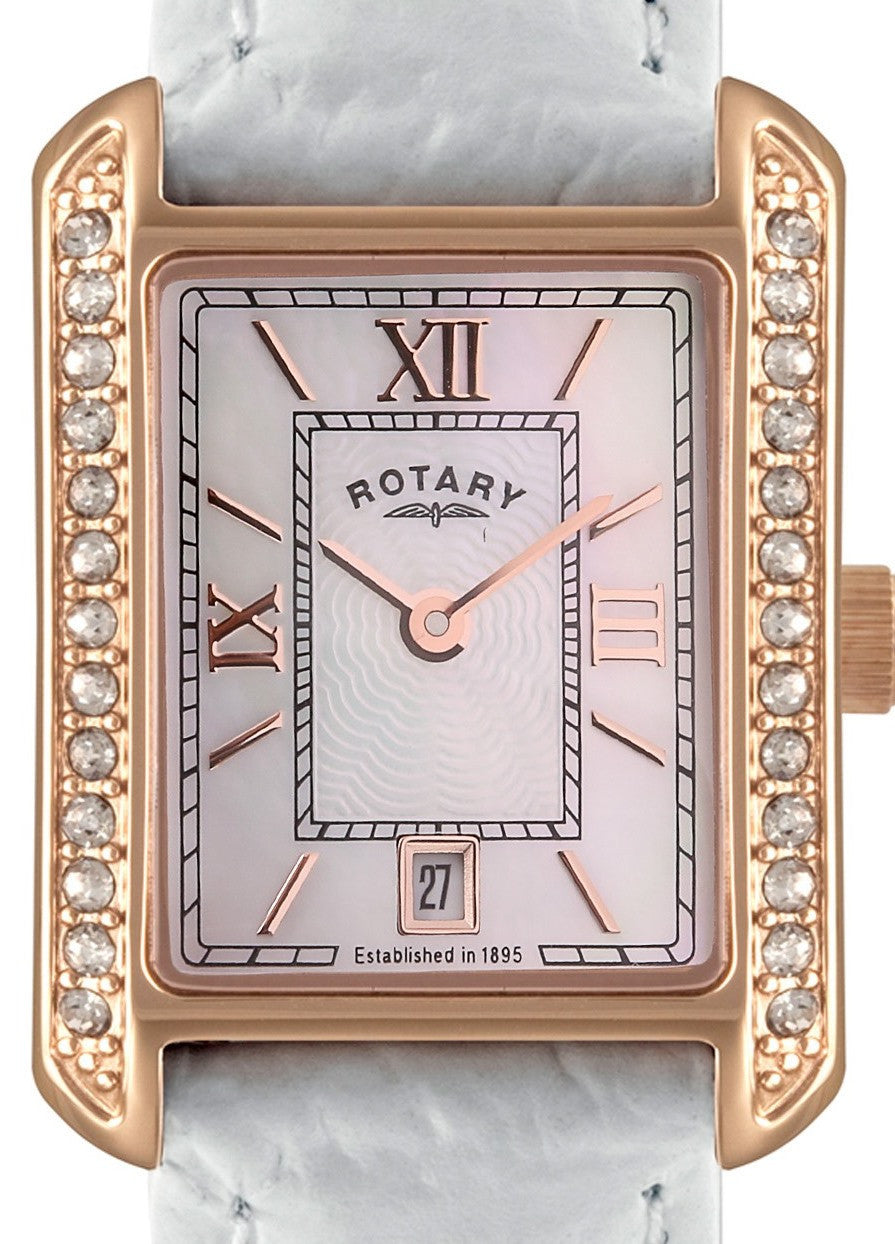 Authentic ROTARY Crystal Accented Rose Gold Mother Of Pearl Ladies Watch