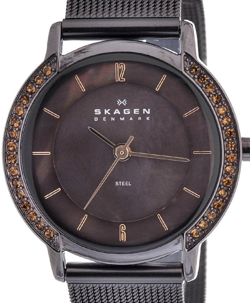 Authentic SKAGEN Denmark Ultra Slim Crystal Accented Brown Mother Of Pearl Ladies Watch