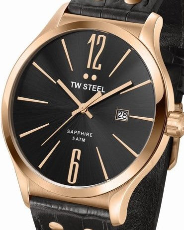 Authentic TW STEEL Slimline Black Leather Rose Gold Mens Watch
