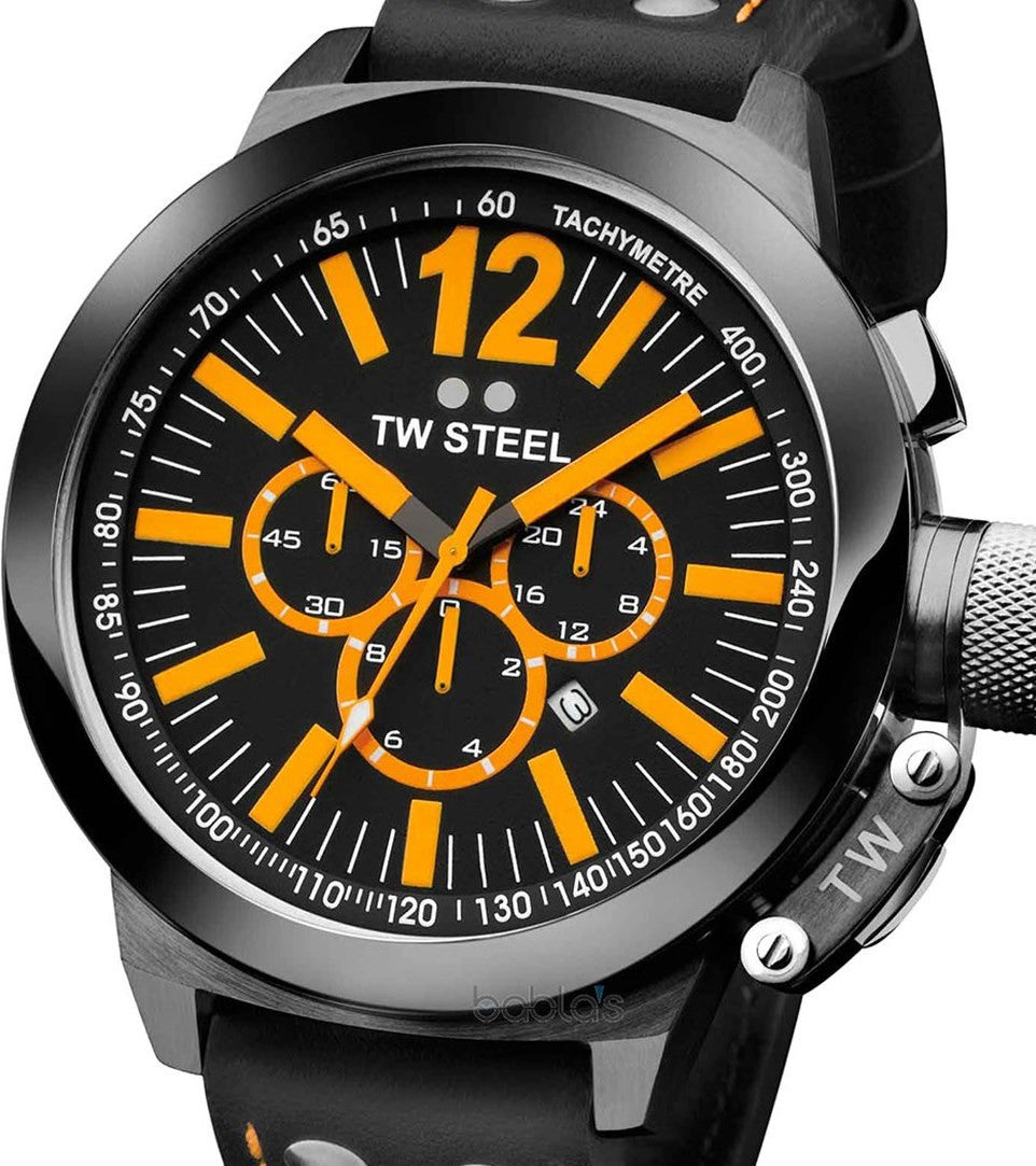 Authentic TW STEEL CEO Canteen Black Leather Chronograph Oversized Mens Watch